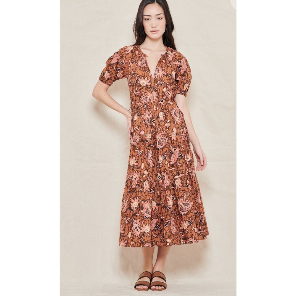 A.L.C. Mischa Boho Poplin Cotton Printed Midi Dress in Cognac & Coral Size 2‎